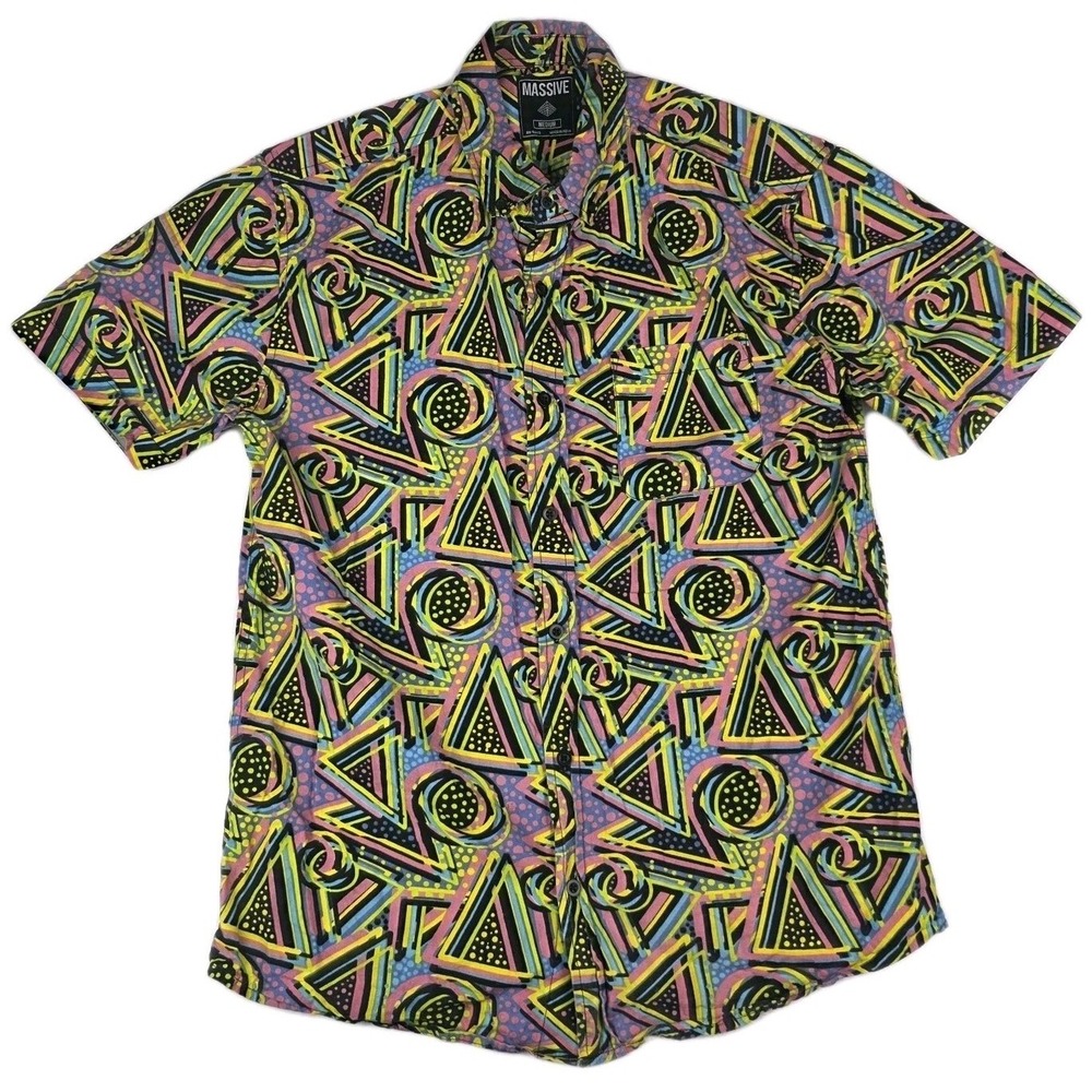 Massive Geometric Memphis Print Shirt Men‎ Medium Multicolor Neon 80s Cotton